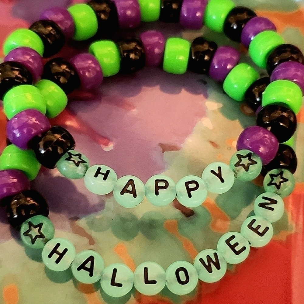 Handmade Beaded Glow in Dark UV Happy Halloween Stacked Bracelets
